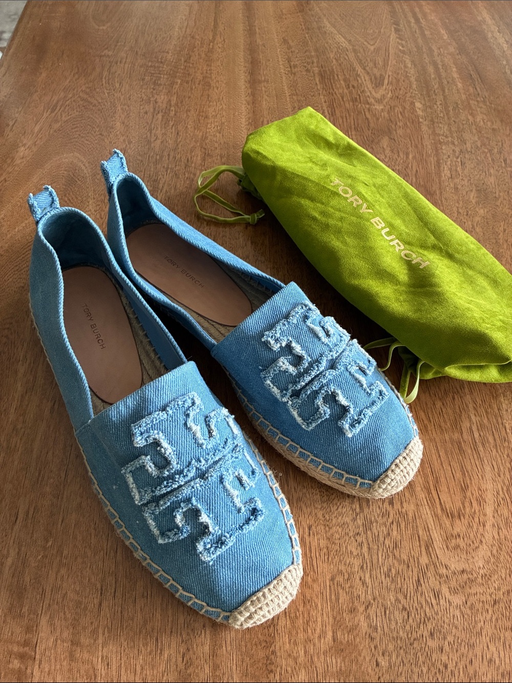 Tory Burch Denim Logo Espadrille Flats Blue Size 10 Dust Bag